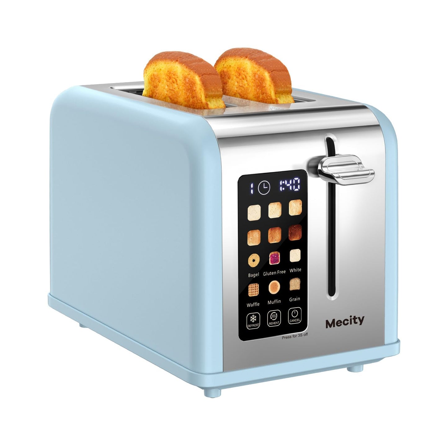 Mecity 2 Slice Touch Screen Toaster, 1.5" Wide Slot, Stainless Steel Smart Toaster for Bagels, Muffins, Waffles, Gluten-Free Breads, Defrost, Reheat, Timer, 120V 825W, Ice Blue