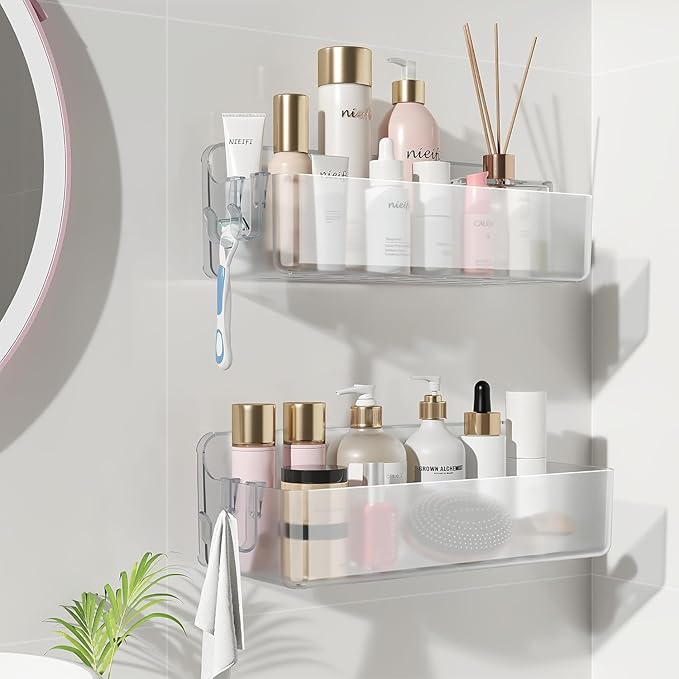 Nieifi Adhesive Wall Shelf, Shower Shelves 2 Pack, Shower Organizer for Bathroom Organization, Clear