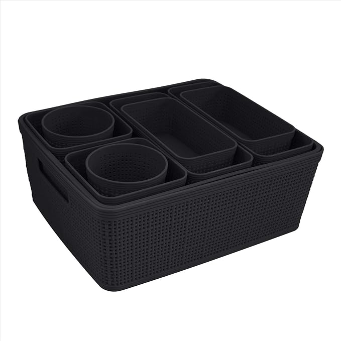 Simplify 10 Piece Organizing Set | Multiple Size Bins | Multipurpose | Office | Desk | Dorm | Bathroom | Storage Basket | Small Items | Accessories | Black (Pack of 6)