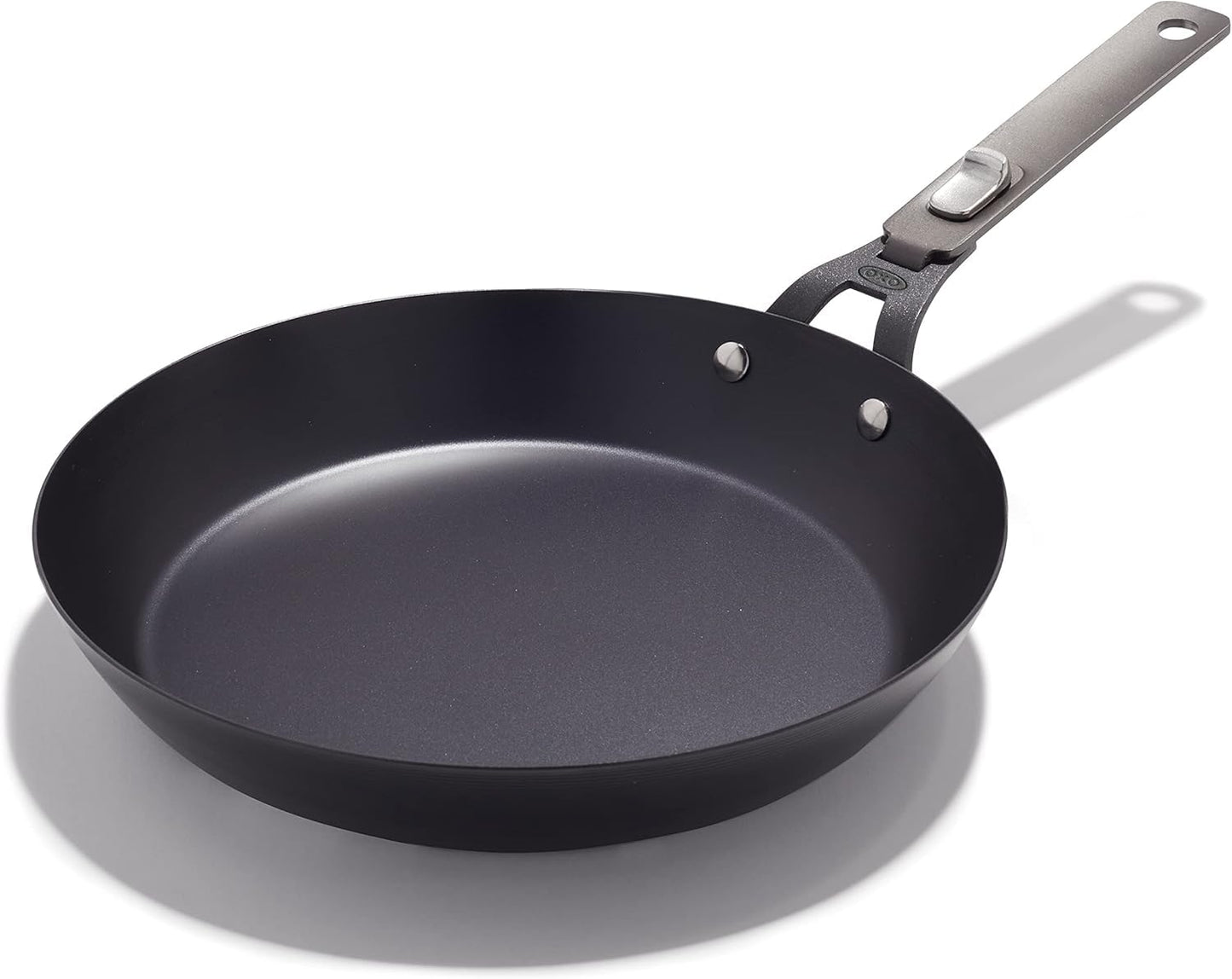 OXO Outdoor Pre-Seasoned Carbon Steel 10" Frying Pan Skillet, Detachable Handle for Easy Storage, Indoor Use, Nonstick with Use, Induction Suitable,Oven & Broiler Safe,Browning, Grill,Sear,Saute,Black