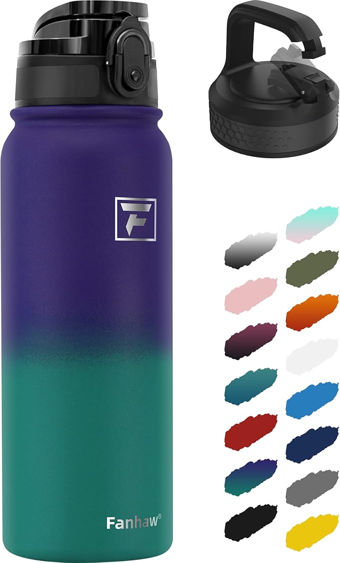 Fanhaw 20 oz Insulated Stainless Steel Water Bottle with Anti-Dust Chug Lid & Carabiner Lid, Leakproof Vacuum Metal Bottle for Kids, Women & Men (Purple Green)