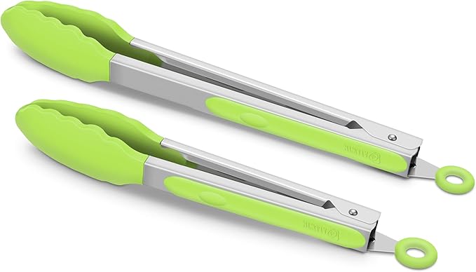 2 Pack Silicone Kitchen Tongs, 9 & 12 Inch, Stainless Steel, Purple