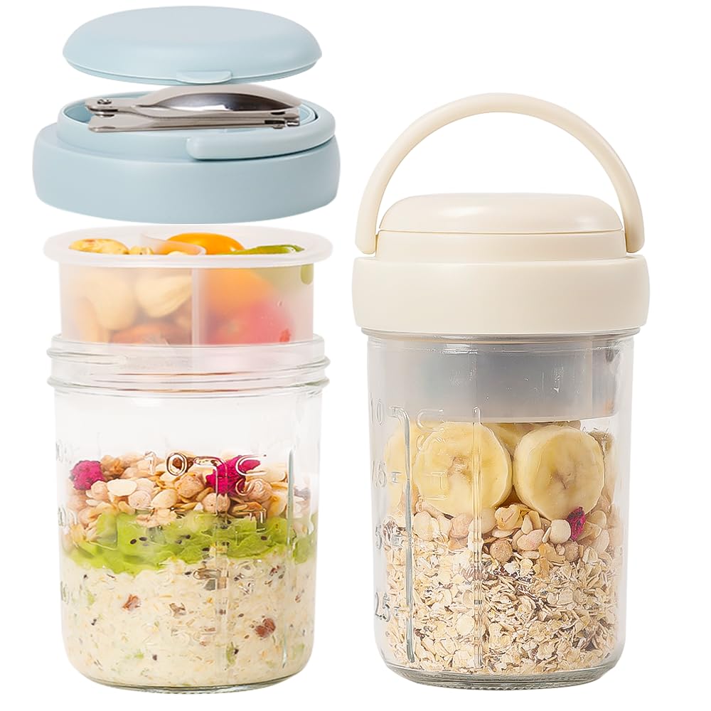 UWILLION 4 Pack Overnight Oats Containers with Handles, 16 oz Glass Mason Jars with Lids, Folding Spoons & Topping Compartments, Yogurt Parfait Cups for Weekly Meal Prep, Chia Pudding & Snacks