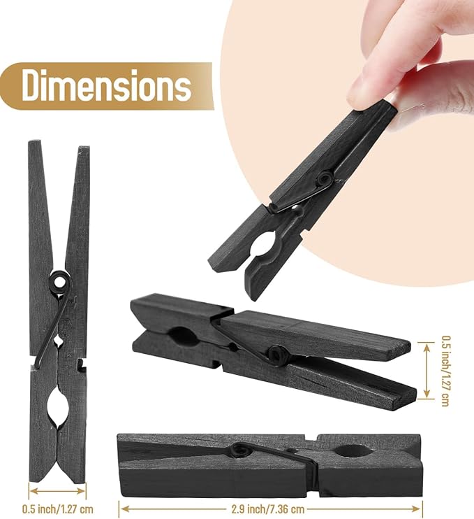 100 Pack Black Clothespins 2.9 Inch, Heavy-Duty Wood Rust-Resistant Clothes Pins, Solid Birch Clips for Laundry, Photo Wall Displays, Craft Projects & Classroom Decoration