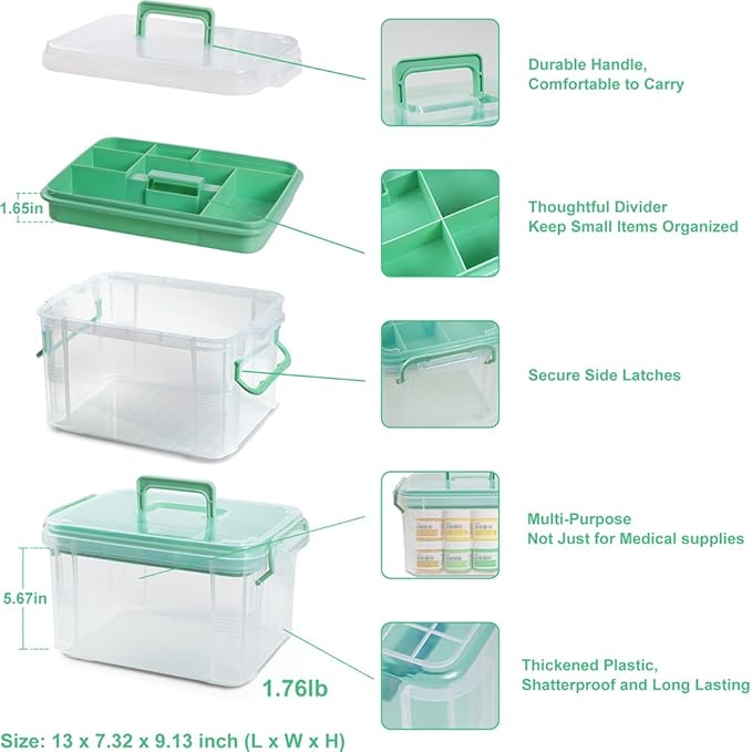 15qt Clear Medicine Organizer Storage Box with Tray, Plastic First Aid Box Empty, Thickened Medicine Container Chest, Multipurpose Medical Case with Labels, Medicine Caddy with Lids Handles