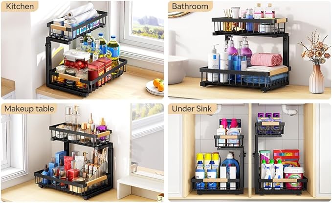 PXRACK Under Sink Organizer, Adjustable Height, 2-Pack 2 Tier Pull Out Under Cabinet Organizer, Slide Out Thickened Metal Under Sink Storage for Kitchen Bathroom Laundry Pantry Cabinet, S, Black