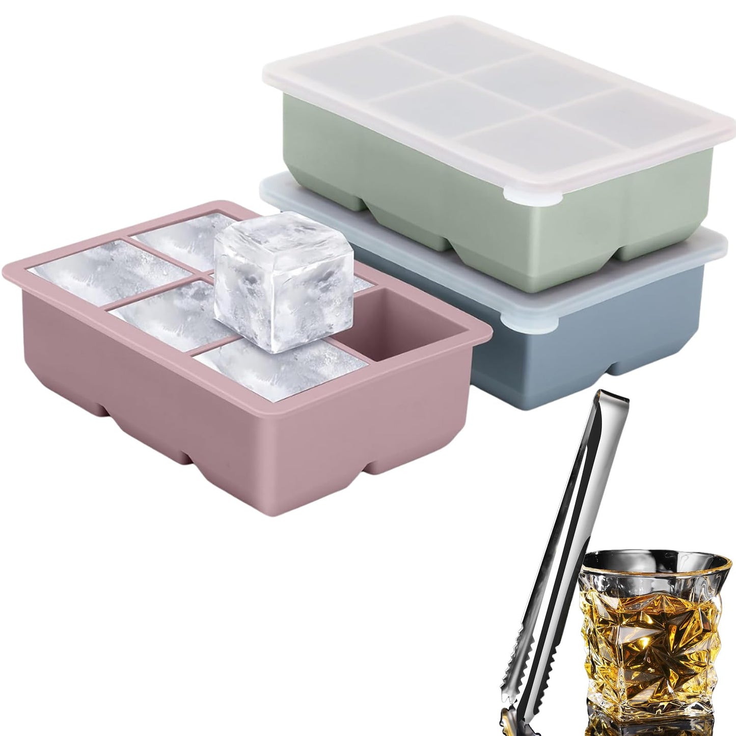 Large Silicone Ice Cube Trays with Lid, 6 Big Ice Cubes per Tray, Include 19.5cm/7.7in Ice Tongs - Perfect for Freezer, Whiskey, Cocktails