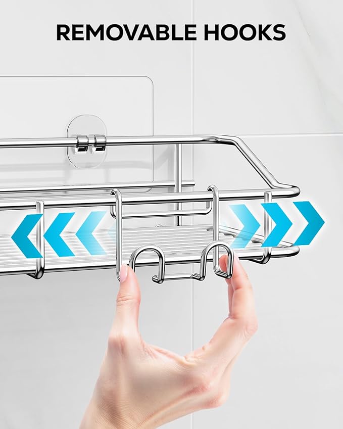 Nieifi Shower Caddy Shelf with Hooks Storage Rack Organizer Adhesive Stainless Steel without Drilling for Bathroom, Lavatory, Washroom, Restroom, Shower, Toilet, Kitchen (Sliver, 6 Pack)