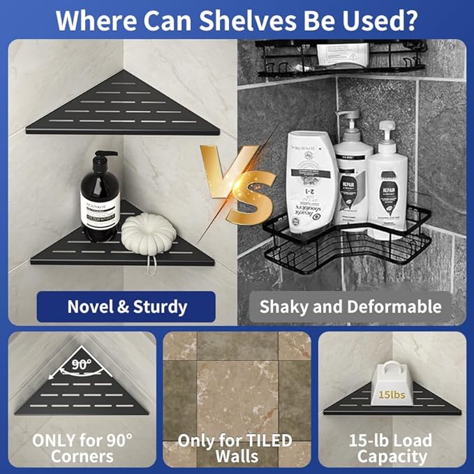 Corner Shower Shelf 10" Matte Black 304 Stainless Steel Slot Design Recessed Corner Shelf Bathroom Grout in Shelf for Tiled Wall