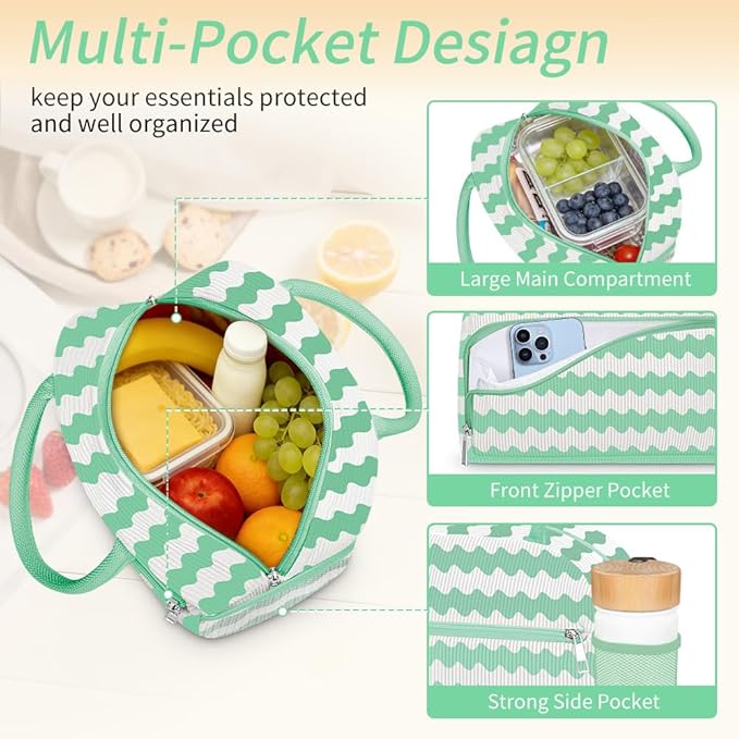 Coobiiya Lunch Bag for Women Men, Cute Lunch Tote Bags Insulated Reusable LunchBox Large Capacity Cooler Bag for Work Travel Picnic Green white