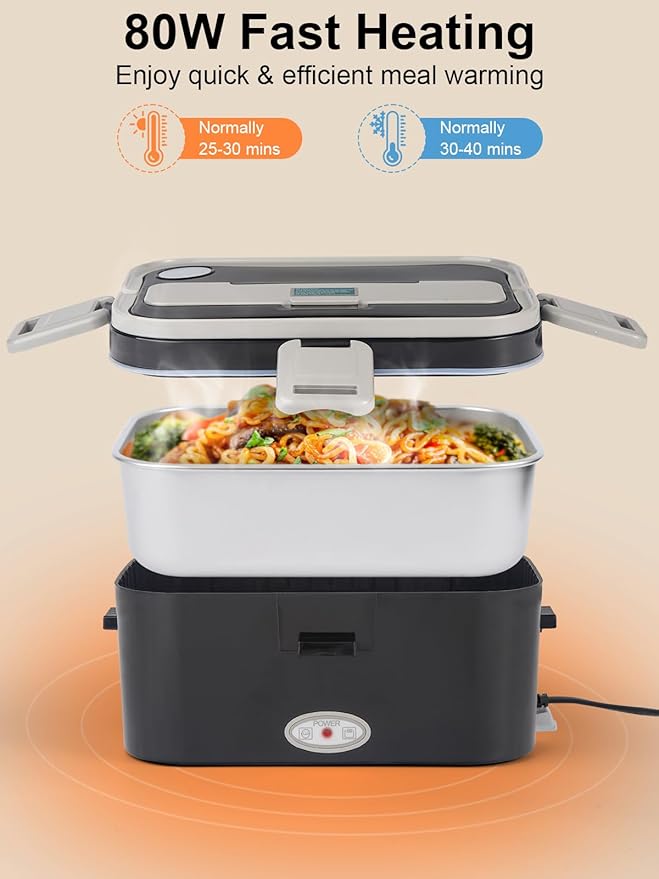 1.8L+0.5L Heated Lunch Box for Men, 80W Electric Lunch Box with Long-handled Utensils for Adults, 12V/24V/110V Lonchera Eléctrica Portátil, Portable Food Warmer for Car/Truck/Office (B/G)