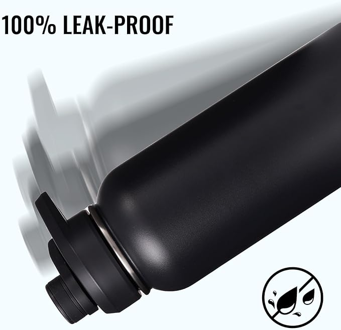 32 oz Insulated Water Bottle with Handle, 304 Stainless Steel Water Bottles with Wide Mouth, Double Wall Vacuum Sports Water Bottle, BPA Free, Keep Cold and Hot, Black