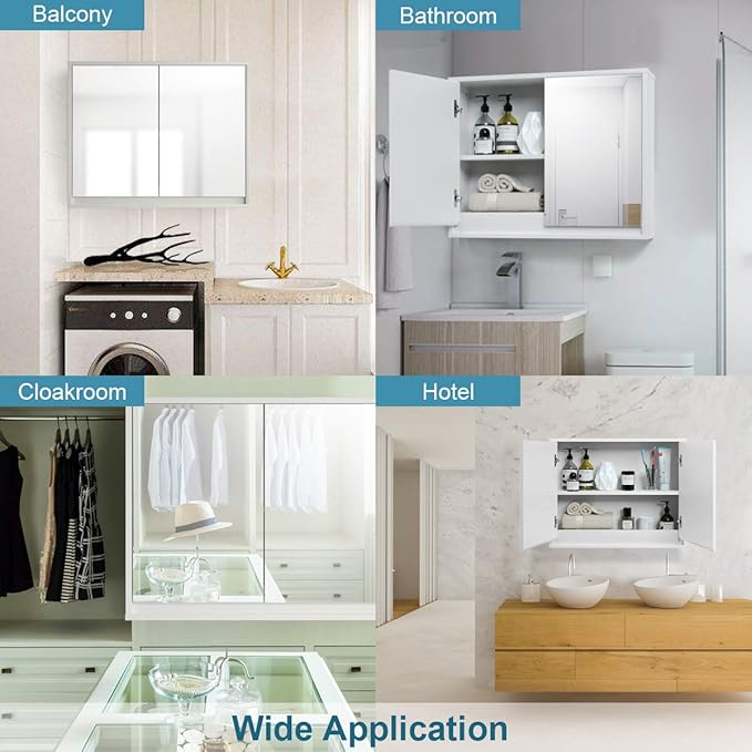 Tangkula Bathroom Medicine Cabinet, 2-Tier Wall-Mounted Storage Cabinet with Double Mirror Doors, Multipurpose Kitchen Bathroom Medicine Storage Cabinet, White (22" x 18")