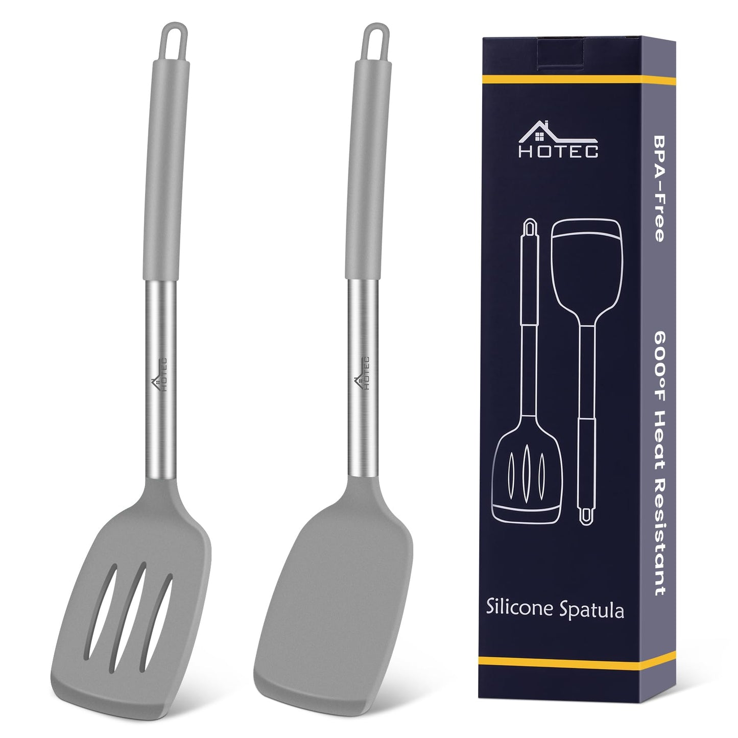 HOTEC Silicone Spatula Set of 2 Heat-Resistant 600°F & BPA-Free Kitchen SaptulaTurner with Stainless Steel Handles, Slotted & Solid Spatulas for Nonstick Cookware, 13.7 Inch, Khaki