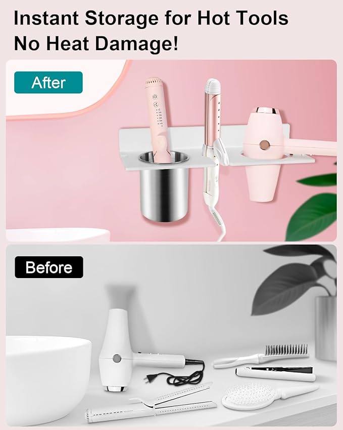 Hair Tool Organizer, Hair Dryer Holder with Heatproof Steel Cups, Acrylic Vanity Organizer for Curling Iron, Flat Iron & Hair Brushes, Perfect for Bathroom (White, Compact)
