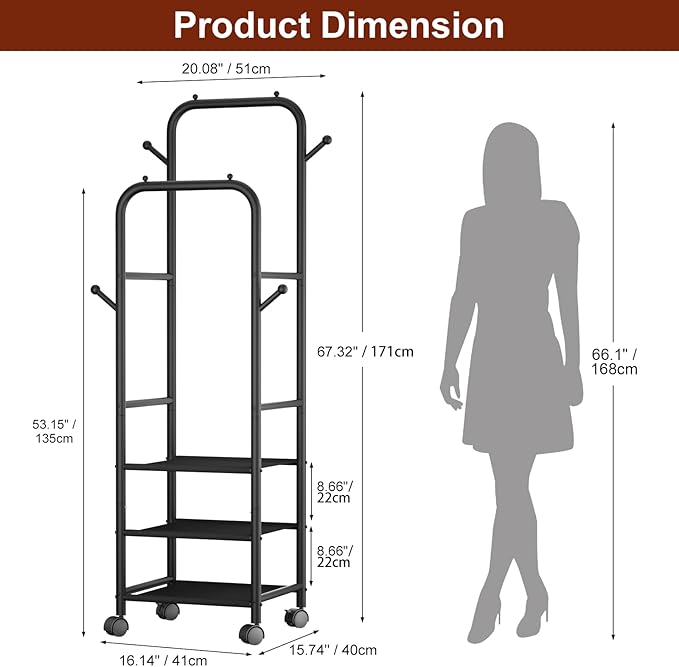 Furologee Rolling Clothing Racks for Hanging Clothes, Double Rods Clothes Rack With Wheels, Sturdy Coat Racks,Portable Metal Garment Rack for Bedroom Laundry Living Room, Black