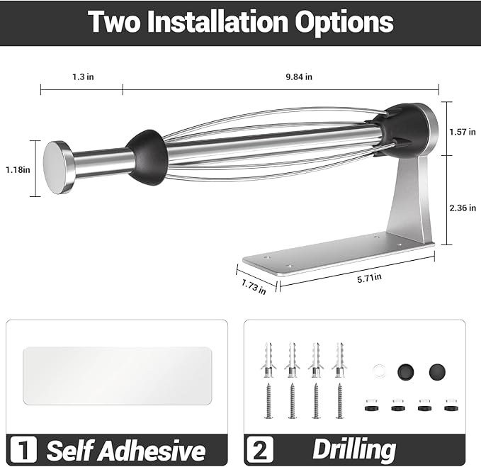 Paper Towel Holder Under Cabinet with Damping Effect, Single-Hand Operable Wall Mount Paper Towel Holder for Kitchen/Bathroom, Under Counter Self-Adhesive/Drilled Kitchen Towel Holder