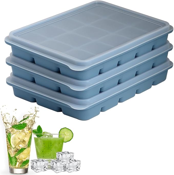 Silicone Ice Cube Trays with Removable Lid, Blue, Set of 3
