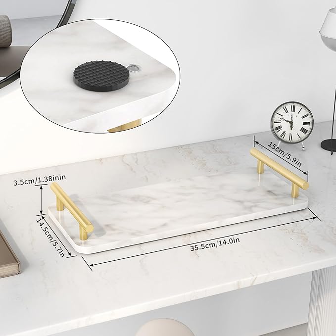 Toilet Paper Basket, Stainless Steel Tank Tray with Handle for Organizing - Toilet Paper Basket Storage for Tank, Bathroom, Kitchen Counter (Marble+Gold)