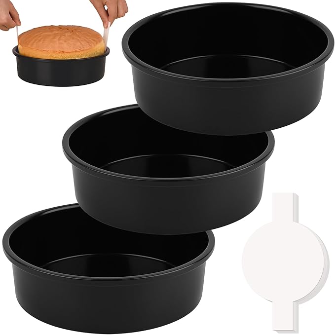 HUAKENER 3 Pack Round Cake Pans, Carbon Steel Pan with Parchment Paper