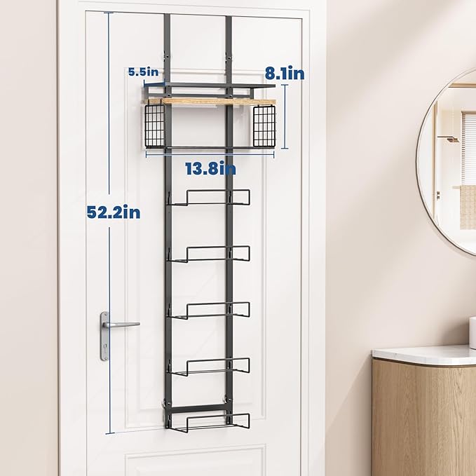 Towel Racks for Bathroom Over The Door Towel Racks Towel Storage Organizer with Metal Shelf Basket for Bathroom Rv Camper (7-Tier Black with Wood Plank)