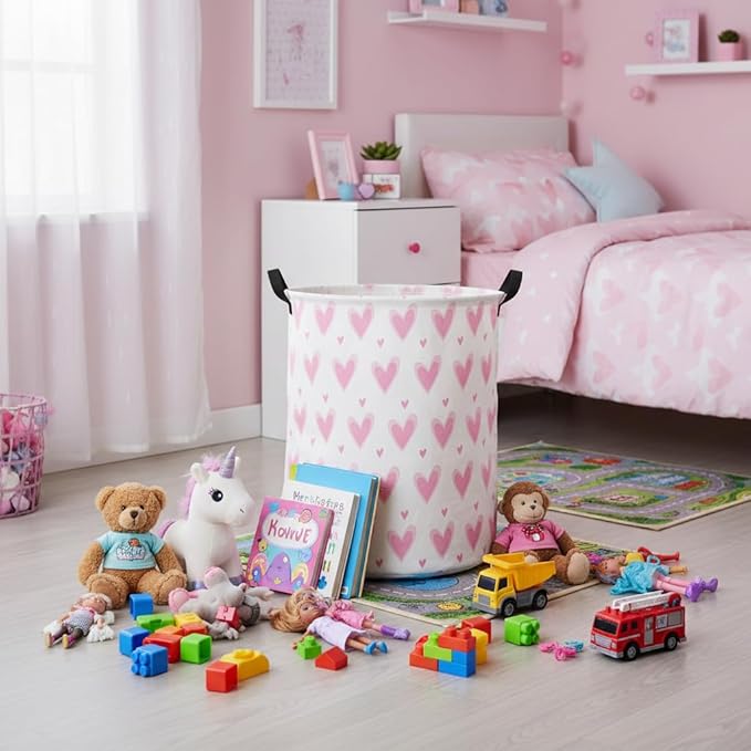 HIYAGON Baby Laundry Basket Baby Hamper for Nursery Girl Kids Butterfly Hamper Cute Kids Toys Storage Bin Organizer Butterfly Room Decor for Home(Pink Hearts)