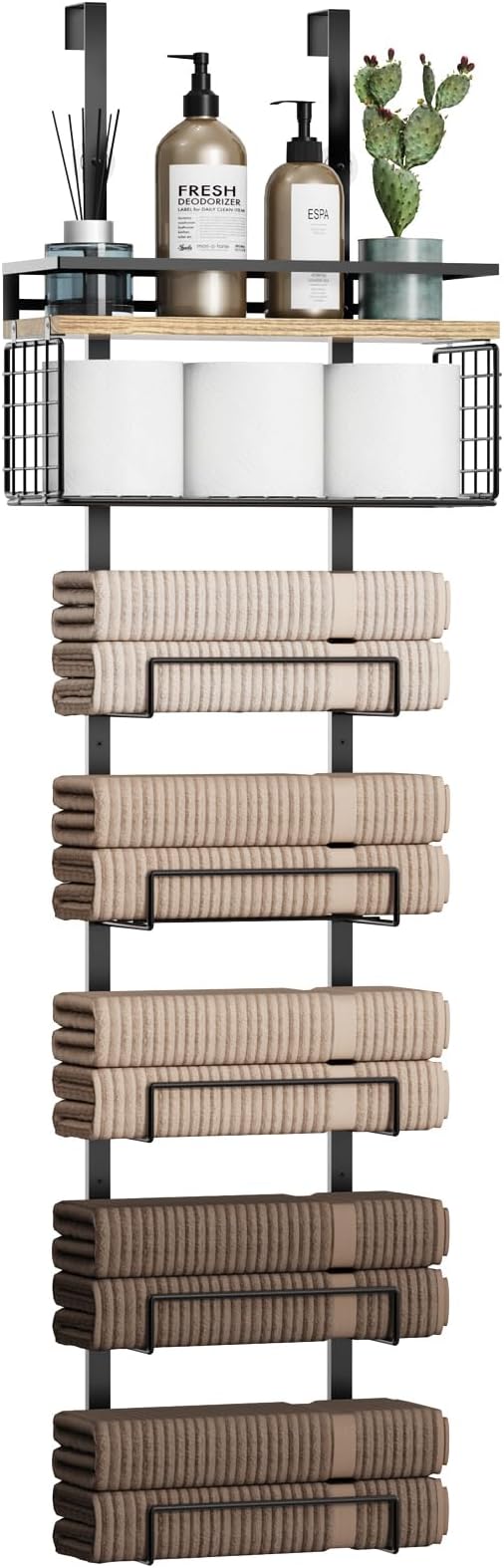 Towel Racks for Bathroom Over The Door Towel Racks Towel Storage Organizer with Metal Shelf Basket for Bathroom Rv Camper (7-Tier Black with Wood Plank)