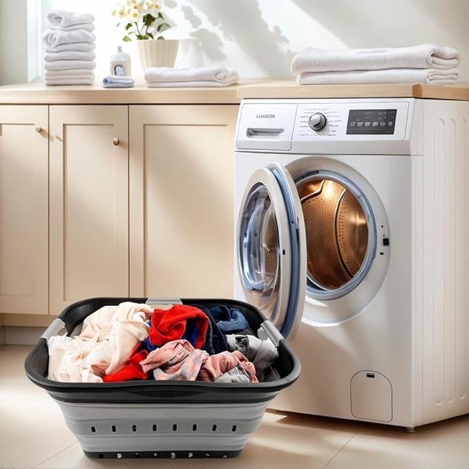 SAMMART 42L (11 gallon) Collapsible Plastic Laundry Basket - Foldable Pop Up Storage Container/Organizer - Space Saving Hamper/Basket (Black/Alloy Grey)