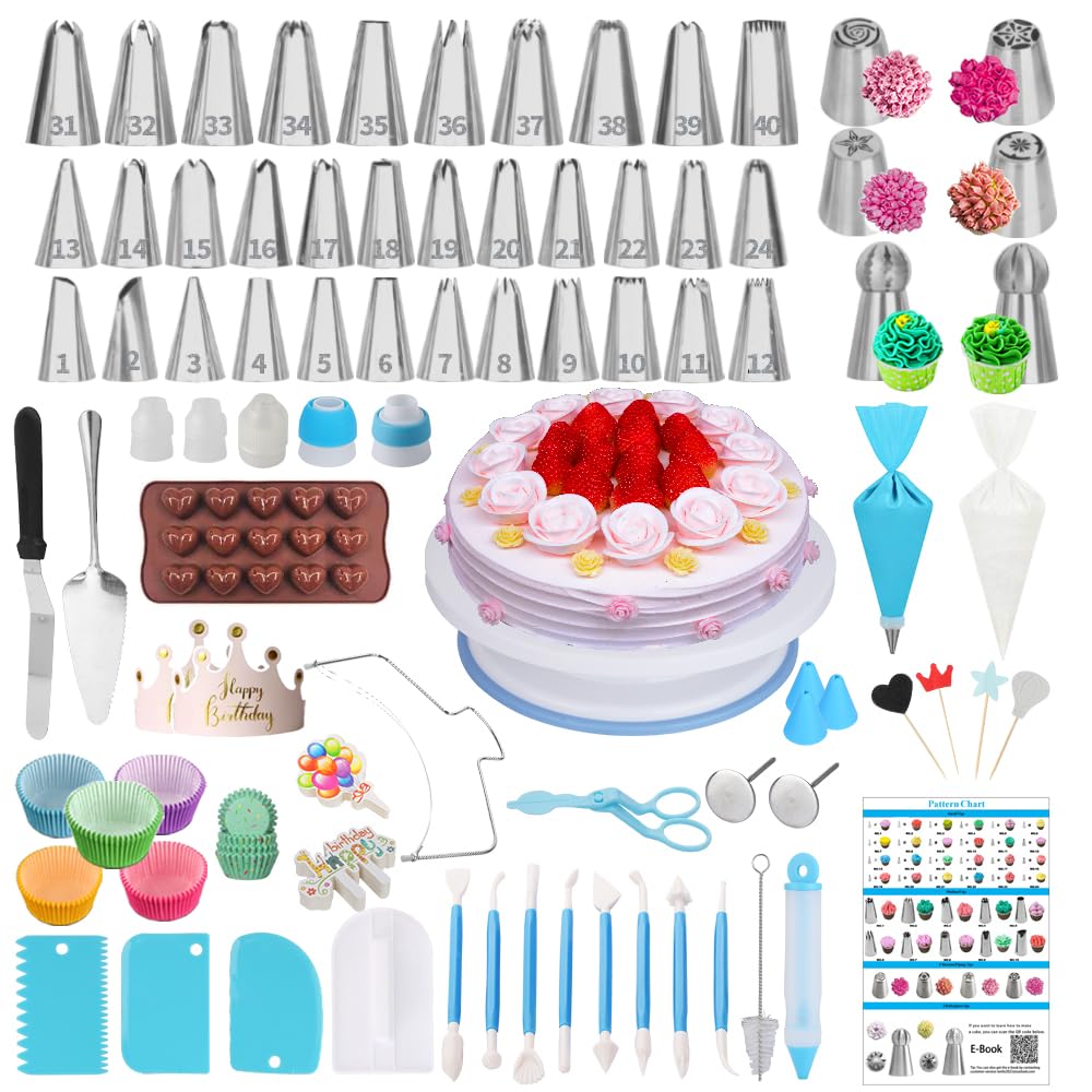 Cake Decorating Kit,635 Pcs Decorating Supplies With 3 Springform Pan Sets Icing Nozzles Rotating Turntable Cake Topper Piping Bags Carrier Holder,Cake Baking Set Tools