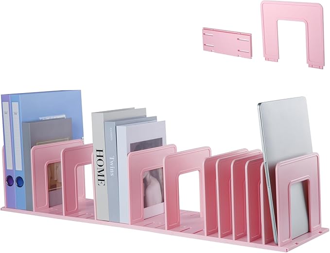 Adjustable Vertical File Sorter Sturdy Plastic Expandable Upright File Holder, Desktop Binder Organizer, School Office Organization Bookshelf Divider, Assemble Easily Endlessly, Pink