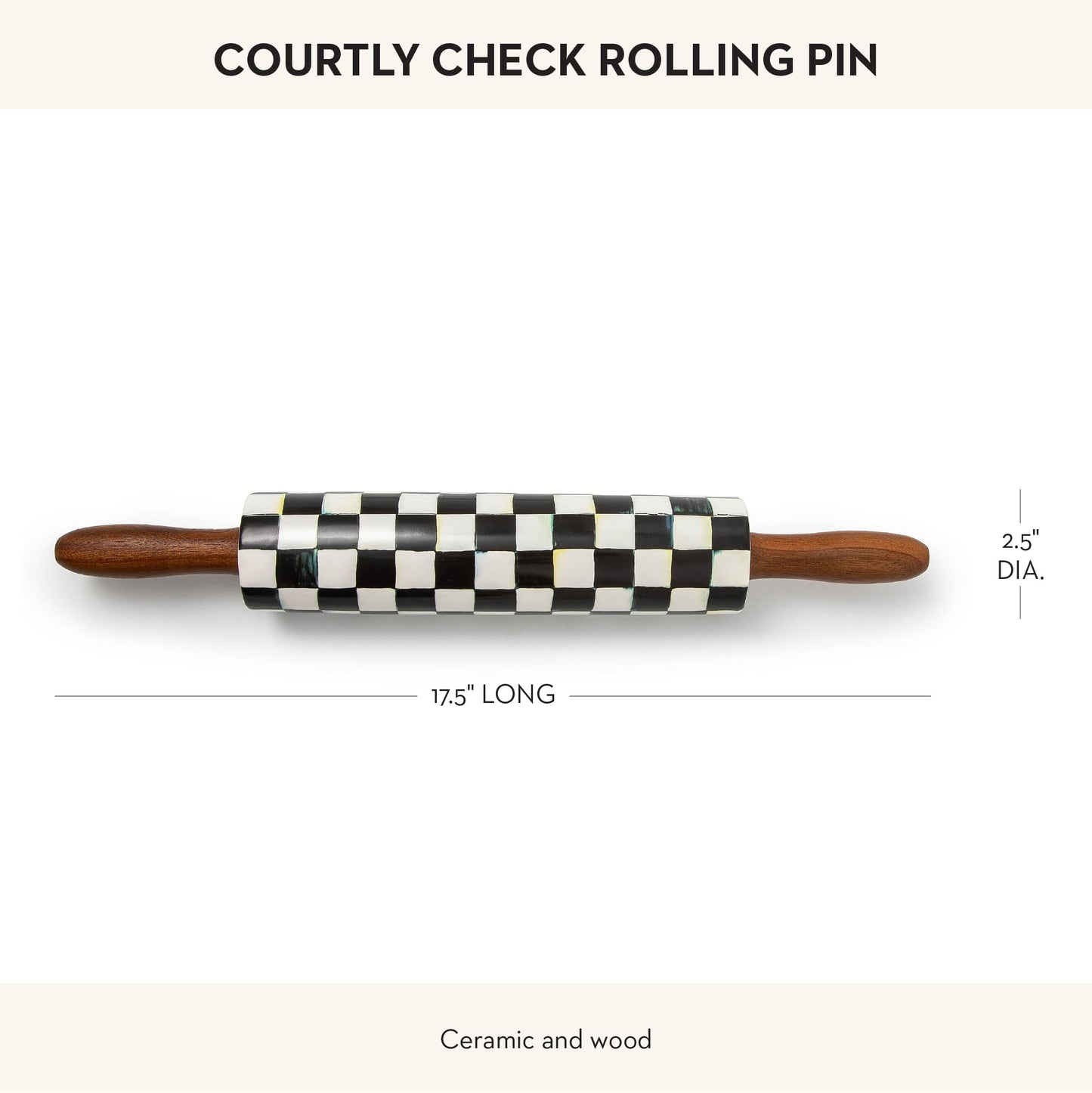 MACKENZIE-CHILDS Ceramic Rolling Pin, Black-and-White Courtly Check