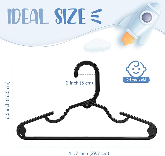 HOUSE DAY Plastic Baby Hangers for Closet 20 Pack, Durable Plastic Kids Hangers for Baby Clothes, Thin & Compact Childrens Hangers, Space Saving Black Baby Hanger, Small Hanger for Kids Clothes