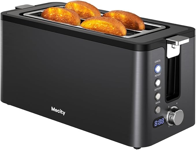 Mecity Toaster 2 Slice Stainless Steel Body, Timer, Bagel, Defrost, Reheat, Cancel Functions, Warming Rack, Removable Tray, 6 Browning Settings, Extra Wide Slots, Bread Toaster, 120V 800W Black
