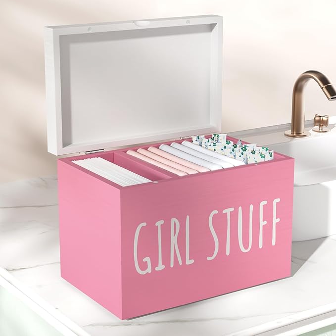 Tampon Holder for Bathroom with Hinged Lid, Feminine Product Organizer, Bathroom Period Products, Toilet Organizer, Bathroom Accessories Box for Girl Stuff (Pink)