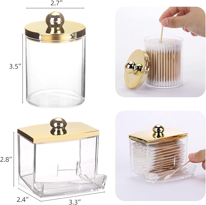 Tbestmax 10oz Cotton Ball Holder 7oz Qtips Dispenser, Bathroom Container Organizer for Storage Cotton Swabs, Pads - Apothecary Jar with Gold Lids