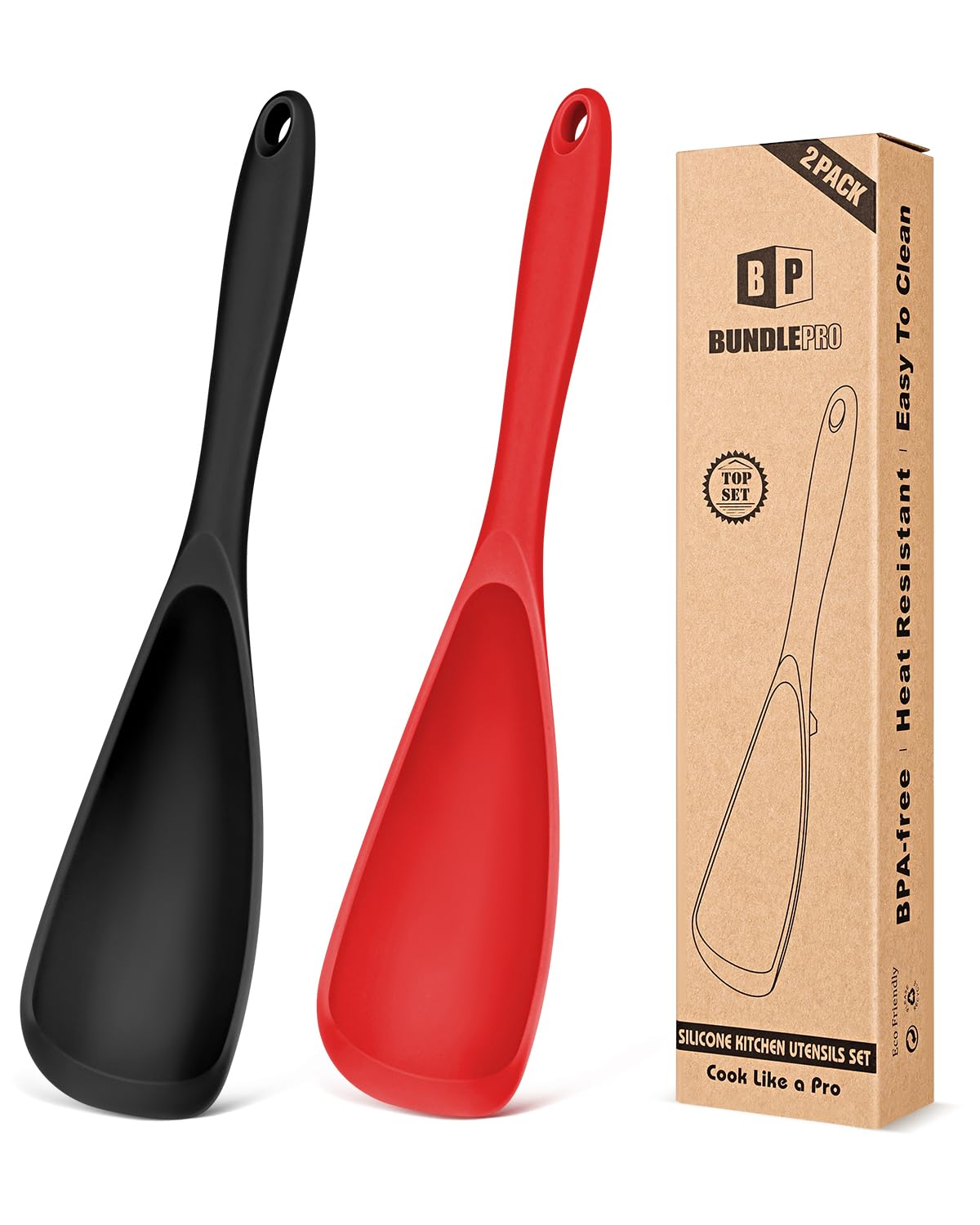 Pack of 2 Cooking Spoons for Non Stick Cookware, Multifunction Spatula Spoon BPA-Free, One-Piece Design, Suitable for Scooping, Scraping, Serving and Mixing(BLACK-RED)