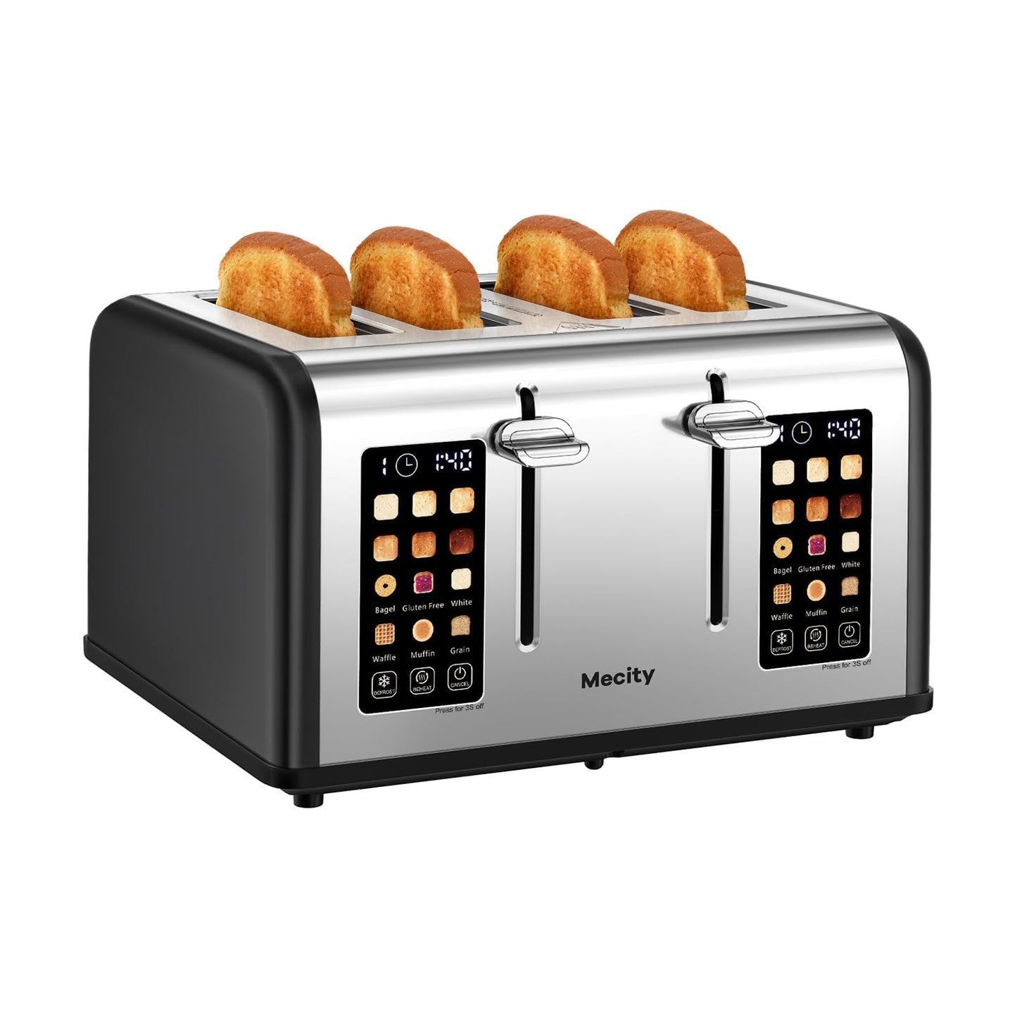 Mecity 4 Slice Toaster with Touch Screen Control, 4 Wide Slots, Stainless Steel Smart Bread Toaster for Bagels, Muffins, Waffles, Dual Control Panel, Timer, Defrost, Reheat, 120V 1650W