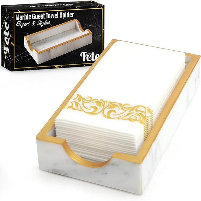 Fete Marble Tray for Bathroom - Guest Towel Holder Tray - 4 x 10 - White Marble