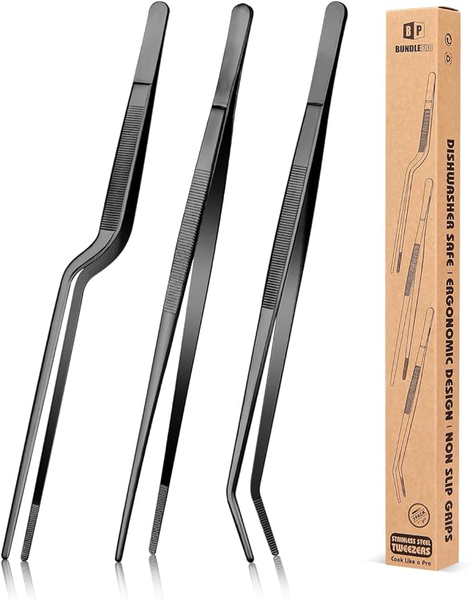 Fine Cooking Tweezers Set, Professional Stainless Steel Food Tongs, Kitchen Black Long Chef Tweezer for Cooking, Plating, Decorating and BBQ (BLACK, 10 inch)