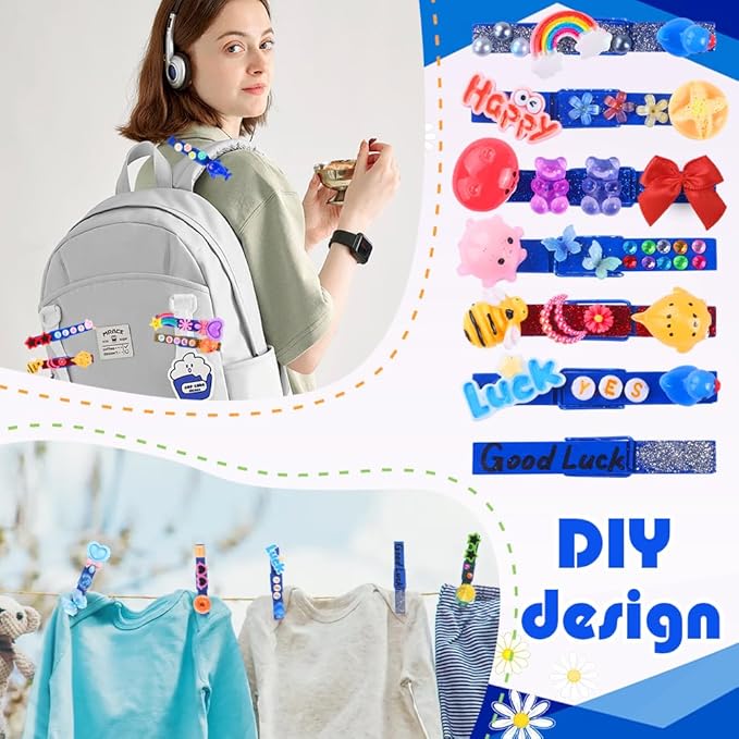 JOICEE 80 Set Cheer Pins Spirit Clips,80 Clothes Pins 126 Mini Resin Animals Bows Daisy and Stickers Pen Over 300 Beads Pearls for Cheerleading Backpacks Ribbon Team Classroom Cheer Gifts Bulk(Blue)