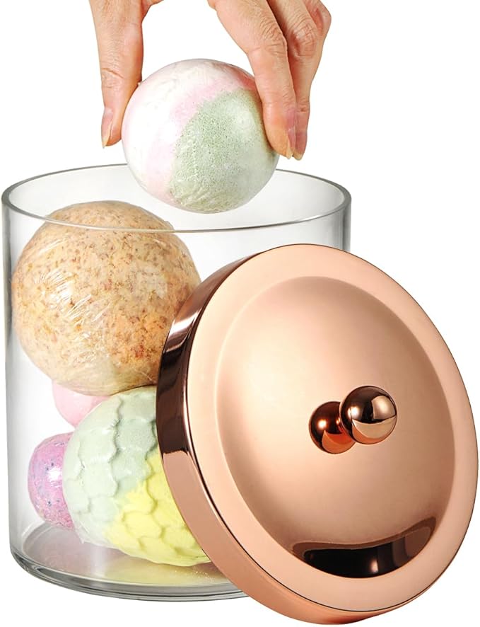 SheeChung 3 Pack 50 Oz Large Apothecary Jar with Rose Gold Rust-Proof Lid - Shatterproof Plastic Laundry Pods Container - Chic Rose Gold Bathroom & Vanity Storage Organizer for Scent Beads, Salts