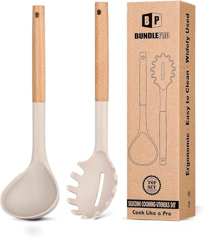 Silicone Pasta Fork and Ladle Spoon Set with Wooden Handle, Heat Resistant Non Stick Kitchen Utensils for Cooking, Stirring, Serving Spaghetti, Soup, Sauce(RED)