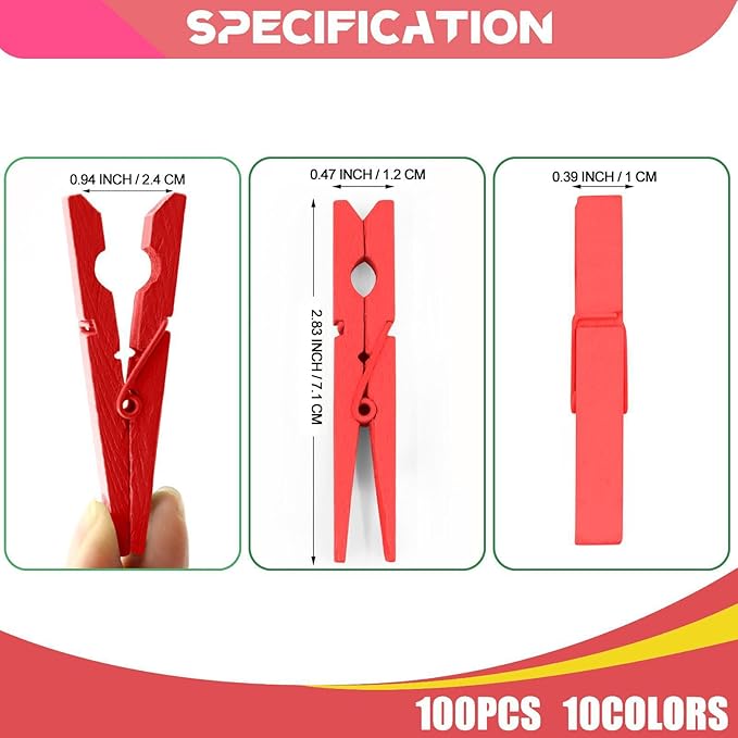 100 Pcs Colored Clothes Pins Wooden, Red Clothespins for Crafts, Clothing Pins for Hanging Clothes Classroom 2.9 Inch