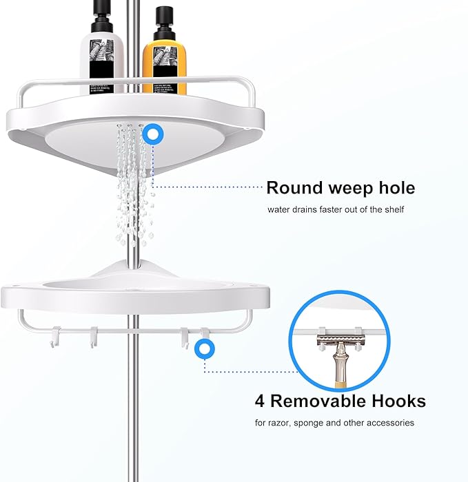 HAMITOR Corner Shower Caddy Tension Pole: Adjustable Stainless Steel Shower Organizer with 4 Tier Shelf for Bathroom Bathtub Tub Shampoo - Floor Standing Rack Bath Storage Holder with Rust Proof Rods