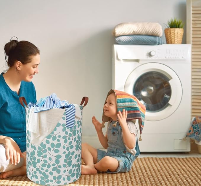 HIYAGON Laundry Baskets,Canvas Fabric Laundry Hamper,Collapsible Toy Storage Organizer Bins,Gift Basket for Bedroom, Clothes, Nursery,Kids,Boys (Eucalyptus leaves)