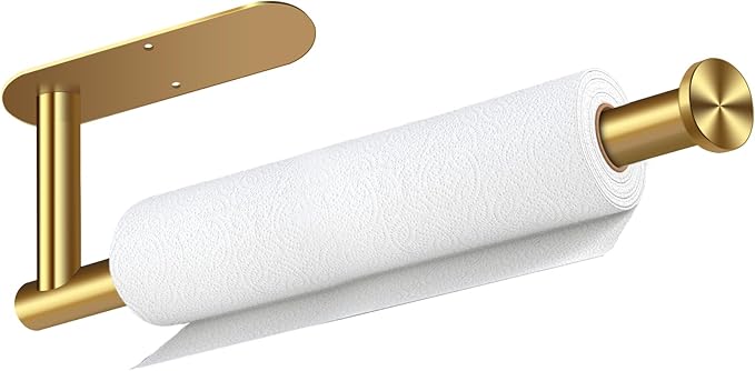 Paper Towel Holder, Self Adhesive or Drilling Paper Towel Holder Under Cabinet, Stainless Steel Gold Paper Towel Holders Wall Mount for Kitchen, Bathroom, Sink, Pantry, Fridge (Gold)