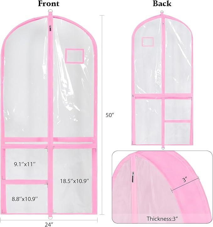 Univivi Clear PVC Dance Costume Bags 50 Inch Garment Bag for Dance Competitions, with 3 Seperated Medium Clear Zipper Pockets and 1 Large Back Zippered Pocket (Pink)