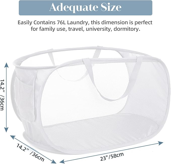 Strong Mesh Pop Up Laundry Basket, Collapsible Laundry Hamper with Side Pocket, Foldable Clothes Hamper with Durable Reinforced Handles for Laundry, Bathroom, Kids Room, Dorm or Travel 2 Pack White
