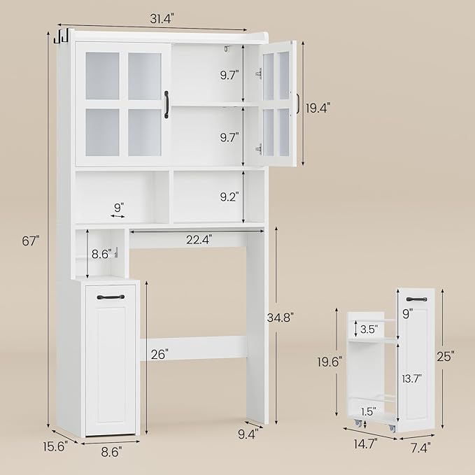 Over The Toilet Storage Cabinet with Pulley Small Bathroom Storage Cabinet, Space Saver W/Adjustable Shelf & Glass Doors for Bathroom, Restroom, Laundry (Frosted Mirror-Type B)