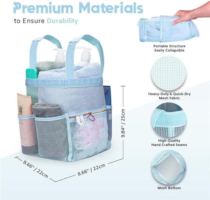 Mesh Shower Caddy Dorm, 7 Pockets & 1 with Zipper, Shower Tote with Padded Handles, Travel Portable, Shower Caddy College Room Essentials, Bathroom Shower Bag (Blue)